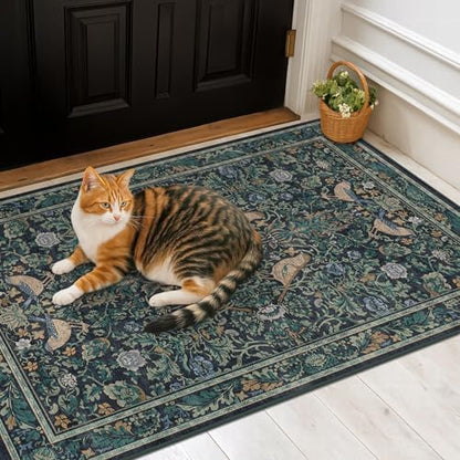 Traditional Washable Entryway Rugs, 3x4 Blue and Green Floral Kitchen Mat for Floor, Bedside, Rug for Laundry Room Floor Non Slip, Moody Stain Resistant Low Plie Carpet