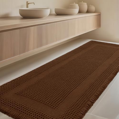 Extra Large Waffle Bath Mat, Boho Woven Modern Bath Rug Absorbent Non Slip, Ultra Soft Bathroom Mats, Machine Washable Knit Bath Rugs with Tassels for Bathroom, Bedroom, Kitchen, Shower, 6'x2', Brown
