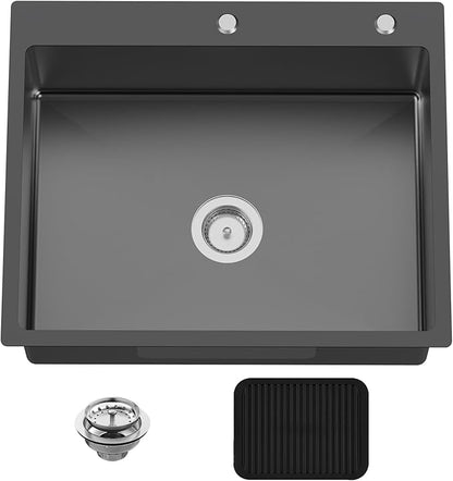 Black 27x22 Inch Drop In Kitchen Sink-Stainless Steel Topmount Modern Single Bowl Large Kitchen And Bar Sink Come With Silicon Mat,Drain Strainer Set Compatibility With Various Kitchen&Bar Style