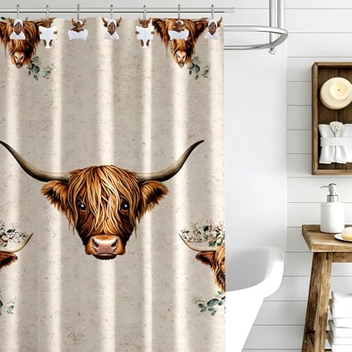 Roowest 12 Pcs Highland Cow Shower Curtain Hooks, Stainless Steel Farmhouse