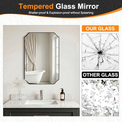 Delma Bathroom Vanity Mirror, Black Framed Aluminum Bathroom Mirror for Over Sink, Scalloped Round Corner Wall Mirror, High-Definition Vanity Mirror, Hangs Horizontally or Vertically (30x20, Black)