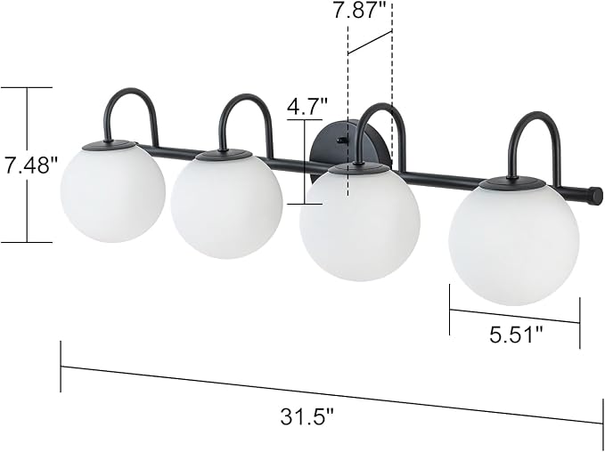 Globe Vanity Light, 31" Modern Gold Bathroom Light Fixtures Mid-Century Milk Glass Vanity Light 4-Light Wall Sconce Black | Mid-Century Milk Glass Vanity Light, Wall Sconce for Bathroom Hallway, Ceramic E12 Base, Dimmable, Up/Down Mounting Design