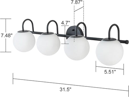 Globe Vanity Light, 31" Modern Gold Bathroom Light Fixtures Mid-Century Milk Glass Vanity Light 4-Light Wall Sconce Black | Mid-Century Milk Glass Vanity Light, Wall Sconce for Bathroom Hallway, Ceramic E12 Base, Dimmable, Up/Down Mounting Design