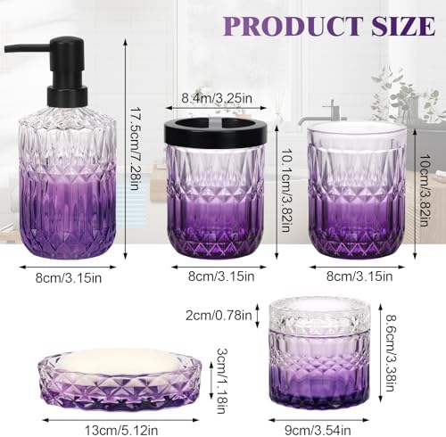 Bathroom Accessories Set, 5Pcs Bathroom Soap Dispenser Set, Glass Bathroom Accessories with Glass Soap Dispenser, Soap Dish, Toothbrush Holder, Tumbler, Cotton Swab Jar (Clear & Purple)