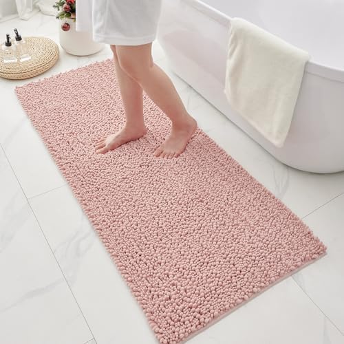 Bathroom Rugs Non Slip Washable 60x24, Extra Thick Soft Chenille Absorbent Bath Mat, High Density Barrier Non Slip Backing, Quick Dry Plush Shaggy Floor Carpet for Tub&Shower, Pink