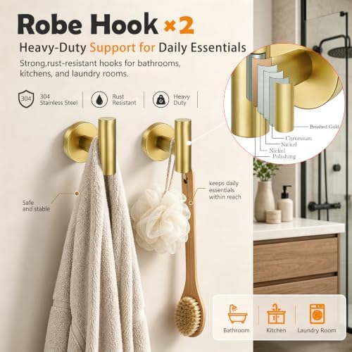 5 Pieces Bathroom Hardware Accessories Set Brushed Gold, 24Inch Bathroom Towel Rack Set SUS304 Stainless Steel, Round Toilet Paper Holder with Shelf Heavy Duty, Wall Mounted