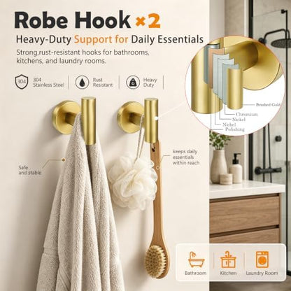 5 Pieces Bathroom Hardware Accessories Set Brushed Gold, 24Inch Bathroom Towel Rack Set SUS304 Stainless Steel, Round Toilet Paper Holder with Shelf Heavy Duty, Wall Mounted