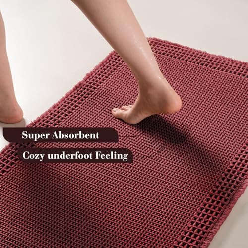 RESARE Waffle Bathroom Runner Rugs, Non Slip Boho Bath Mat 24"x72" Dark Red
