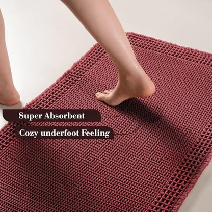 RESARE Waffle Bathroom Runner Rugs, Non Slip Boho Bath Mat 24"x72" Dark Red