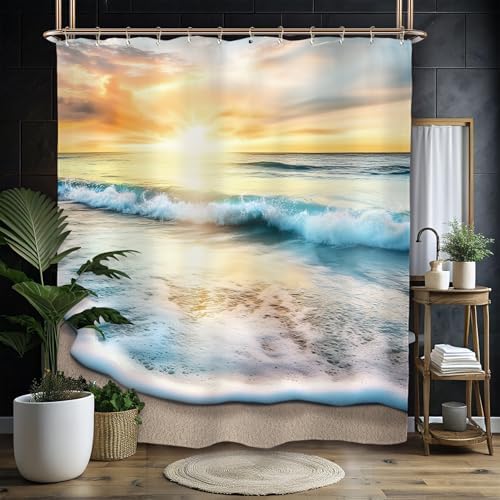 Miyotaa Coastal Sea Beach Shower Curtain Set 60Wx71H Inches Ocean Wave Summer Scenery Hawaii Landscape Sunrise Seaside Sunset Waterproof Bathroom Curtain with 12 Hooks