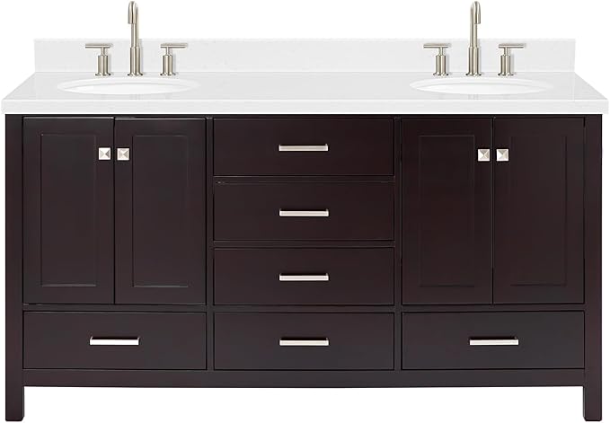 ARIEL Cambridge 66-inch Bathroom Vanity with Sink,Solid Wood, 1.5-inch Carrara White Quartz Countertop & Backsplash, Double Oval Porcelain Sink, 4 Soft Closing Doors, 6 Dovetail Drawers, Espresso