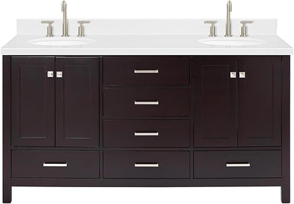 ARIEL Cambridge 66-inch Bathroom Vanity with Sink,Solid Wood, 1.5-inch Carrara White Quartz Countertop & Backsplash, Double Oval Porcelain Sink, 4 Soft Closing Doors, 6 Dovetail Drawers, Espresso