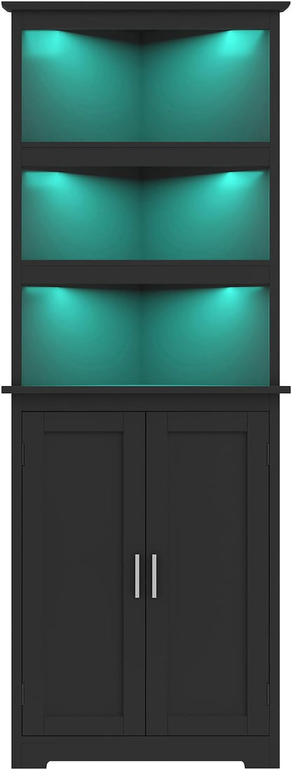 TEENFON Corner Cabinet, Tall Corner Hutch with 5 Shelves & 2 Doors, Bathroom Cabinet with Adjustable Shelf, for Living Room, Kitchen, Bathroom, Black