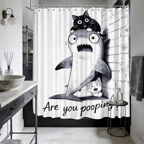 Extra Long Shower Curtain XL Black Cat Riding Shark, 108 x 72 in