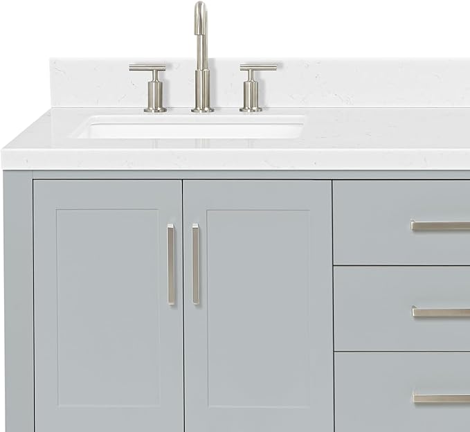 ARIEL Magnolia 60-inch Bathroom Vanity with Sink,Solid Wood, 1.5-inch Carrara White Quartz Countertop & Backsplash, Double Rectangular Porcelain Sink, 4 Soft Closing Doors, 3 Dovetail Drawers, Grey