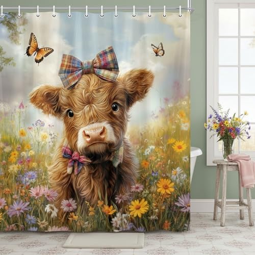 Cow Shower Curtain, Farmhouse Rustic Floral Funny Cute Highland Cow Shower Curtains, Western Cattle Bull Animal Wildflower Country Farm Animal Bathroom Decor, Surreal Bathroom Curtain, 47x64 inch