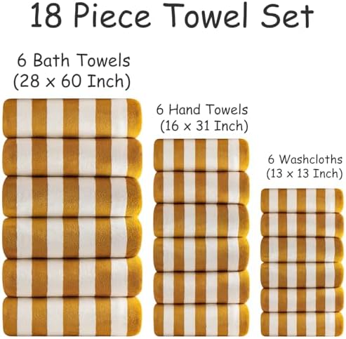 18 Pcs Yellow Stripe Bath Towel Set with Hanging Loop-6 Bath Towels,6 Hand Towels,6 Washcloths Soft Family Towel Set Bathroom Towel Highly Absorbent Quick Dry Shower Towel for Beach Spa Gym Hotel