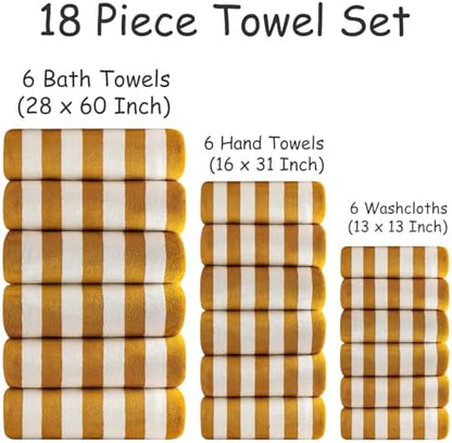 18 Pcs Yellow Stripe Bath Towel Set with Hanging Loop-6 Bath Towels,6 Hand Towels,6 Washcloths Soft Family Towel Set Bathroom Towel Highly Absorbent Quick Dry Shower Towel for Beach Spa Gym Hotel