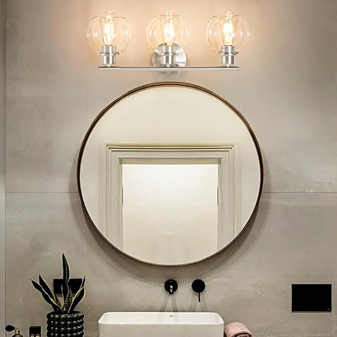 Bathroom Light Fixtures Over Mirror 3-Lights Bathroom Vanity Light with Clear Globe Glass Shade 22 inch Modern Brushed Nickel Vanity Lights Wall Sconce Lighting for Bath