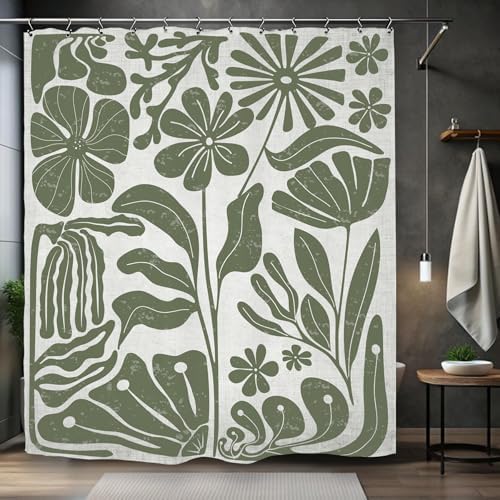 Sage Green Retro Matisse Flower Shower Curtain 60Wx72L Inch Vintage Aesthetic Minimalist Cute Art 70s Trendy Modern Bathroom Set Accessories Decor with 12 Pack Hooks