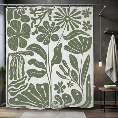 Sage Green Retro Matisse Flower Shower Curtain 60Wx72L Inch Vintage Aesthetic Minimalist Cute Art 70s Trendy Modern Bathroom Set Accessories Decor with 12 Pack Hooks