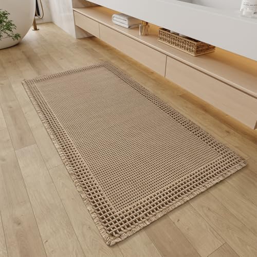 RESARE Waffle Bathroom Runner Rugs, Non Slip Boho Bath Mat 24"x48" Brown