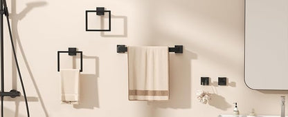 10-Piece Matte Black Bathroom Hardware Set with 16'' Towel Bar, Wall Mounted Bathroom Accessories Kit with 16" Towel Bar ×2, Toilet Paper Holders×2, Towel Rings×2, Robe Hooks×4