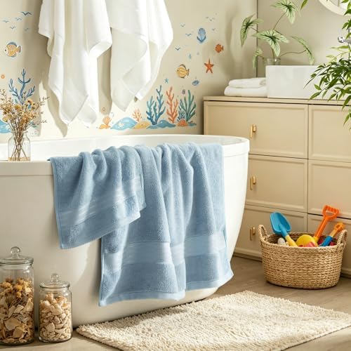 COZYART Luxury Bath Towels 4 PCS, 27x54 650 GSM Turkish Cotton, Light Blue