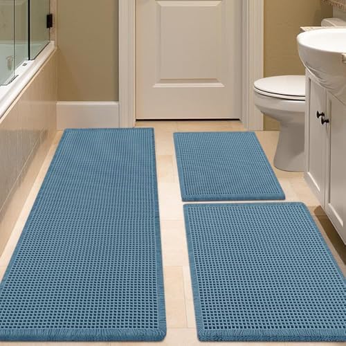 IM HOME Waffle Bath Mat Set 3 Piece Blue,Woven Modern Bath Rug Mats, Absorbent Non Slip Bath Floor Mat, Soft Washable Boho Bath Rugs with Tassels for Bathroom, Bedroom, Kitchen, Tub