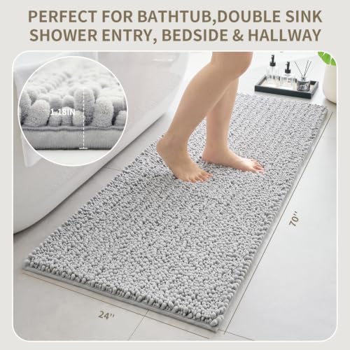 Bathroom Rugs Non Slip Washable 70x24, Extra Thick Soft Chenille Absorbent Bath Mat, High Density Barrier Non Slip Backing, Quick Dry Plush Shaggy Floor Carpet for Tub&Shower, Silver