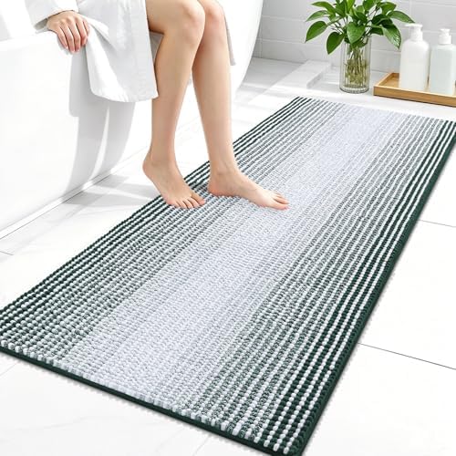 OLANLY Bathroom Runner Rugs 44x24, Soft Chenille Bath Rugs, Blackish Green