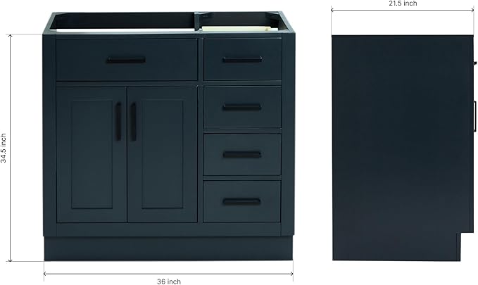 ARIEL Hepburn 36-inch Bathroom Vanity Base Cabinet,Solid Wood, 2 Soft Closing Doors, 5 Dovetail Drawers, Midnight Blue
