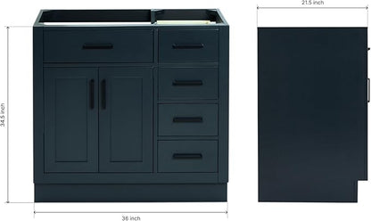 ARIEL Hepburn 36-inch Bathroom Vanity Base Cabinet,Solid Wood, 2 Soft Closing Doors, 5 Dovetail Drawers, Midnight Blue