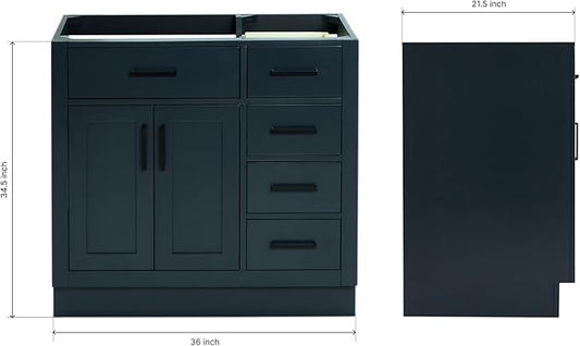 ARIEL Hepburn 36-inch Bathroom Vanity Base Cabinet,Solid Wood, 2 Soft Closing Doors, 5 Dovetail Drawers, Midnight Blue