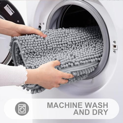 Grandaily Chenille Striped Bathroom Rugs 59x20, Extra Thick and Absorbent Bath Mats, Non-Slip Soft Plush Shaggy Shower Carpet, Machine Wash Dry, Bath Rug for Bathroom, Light Grey
