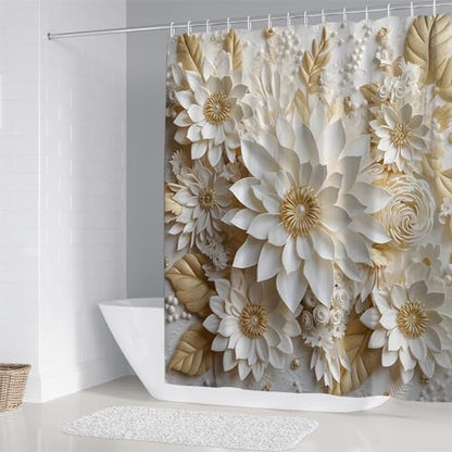 Chrainy 4pcs White Flowers Shower Cutain Bathroom Decor Sets with Rugs