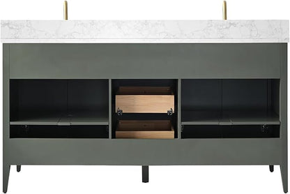 HOMEBEYOND 72" Bathroom Vanity with Double Sink, Solid Wood Bathroom Vanity Free-Standing Cabinet, Ceramic Top & Soft Closing Door, Golden Brushed Handware, Vintage Green