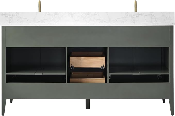 Vanity Art 60 inch Bathroom Vanity with Double Sink & Ceramic Top, Vanity Cabinet with Soft-Closing Door, Solid Wood Frame, Linear Pattern, Vintage Green, VA9160-DVG-MB,Matte Black Handles