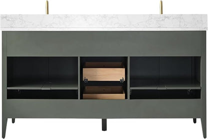 Vanity Art 60 inch Bathroom Vanity with Double Sink & Ceramic Top, Vanity Cabinet with Soft-Closing Door, Solid Wood Frame, Linear Pattern, Vintage Green, VA9160-DVG-MB,Matte Black Handles