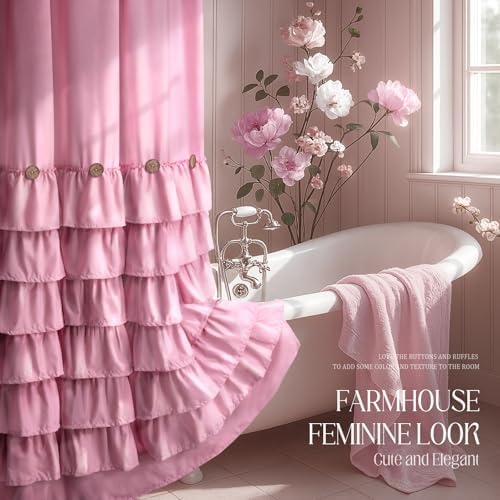Ruffle Farmhouse Shower Curtain, Pink Vintage Shower Curtains for Bathroom Fabric Cute Rustic Cloth, 72" W X 72" L Inch