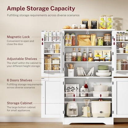 Pantry Cabinet with 4 Doors, Kitchen Storage Cabinet with Door Shelves,