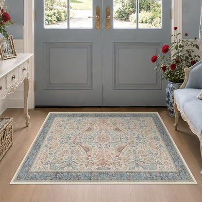 Traditional Washable 3x4 Entryway Rug, Mudroom Indoor Entrance Door Mat, Non-Slip Kitchen Floor Rug with Rubber Backing, Stain and Fade Resistant, Oriental Bird Pattern & Red Blue Floral Design