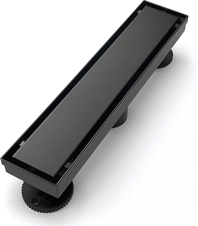 SaniteModar Linear Shower Drain 12 inch Matte Black with Tile Insert Panel | AISI 304 Stainless Steel Black Linear Dain Rectangle Shower Floor Drain with Hair Strainer and Leveling Feet