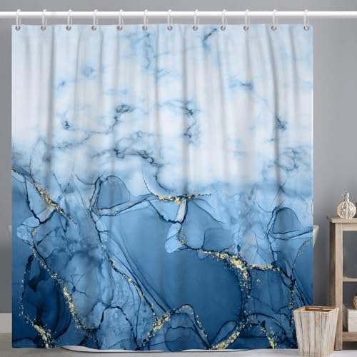 Light Blue Marble Long Waterproof Shower Curtain 72x78 inches