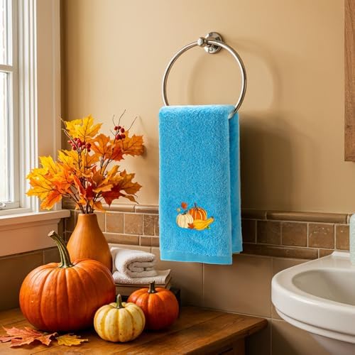 JarThenaAMCS 3Pcs Fall Pumpkin Hand Towels Cotton Embroidered Bathroom Towel Orange Blue Pumpkin Absorbent Dish Towel for Autumn Thanksgiving Drying Cleaning Cooking Gift Kitchen, 29.5 x 13.7 Inch