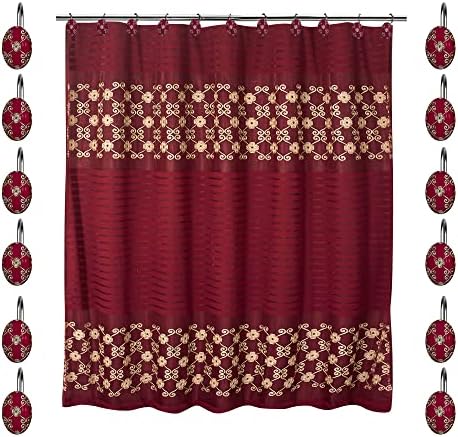 Zahari Home Elegant Rose Bathroom Shower Curtain Set - 13pc Set Including 12 Rings - Contemporary Decor - Burgundy Shower Curtain - Unique Design - Stylish Accessories