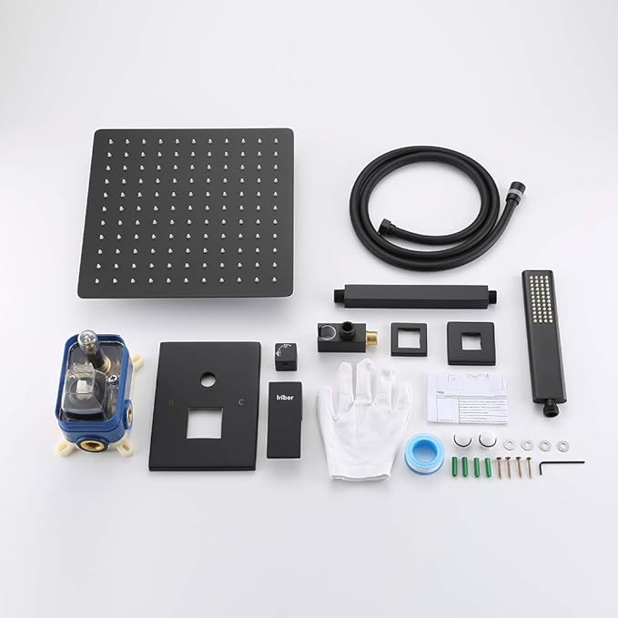 Iriber Matte Black Ceiling Mount Rain Shower System with 12 Inch Shower Head and Handheld Bathroom Square Shower Faucet Set Contain Shower Mixer and Trim Kit (Valve Included)
