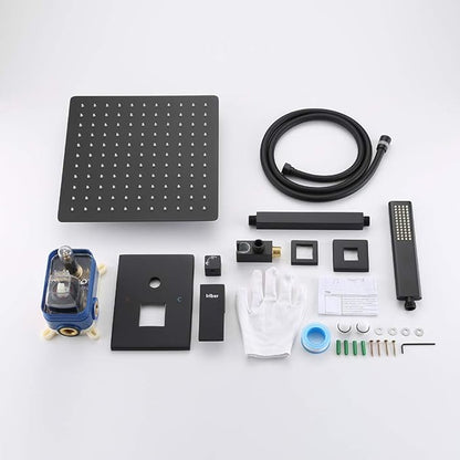 Iriber Matte Black Ceiling Mount Rain Shower System with 12 Inch Shower Head and Handheld Bathroom Square Shower Faucet Set Contain Shower Mixer and Trim Kit (Valve Included)