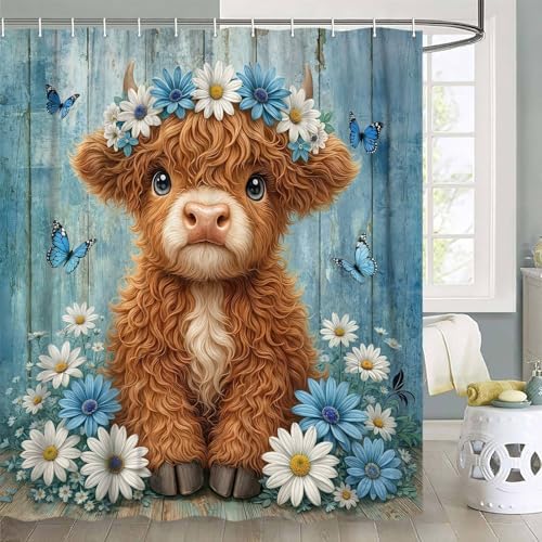 Cute Cow Shower Curtain, Farmhouse Rustic Blue Floral Daisy Highland Cow Shower Curtains for Bathroom, Calf Country Farm Animal Garden Plant Fabric Bathroom Decor with Hooks, 70x72 inch