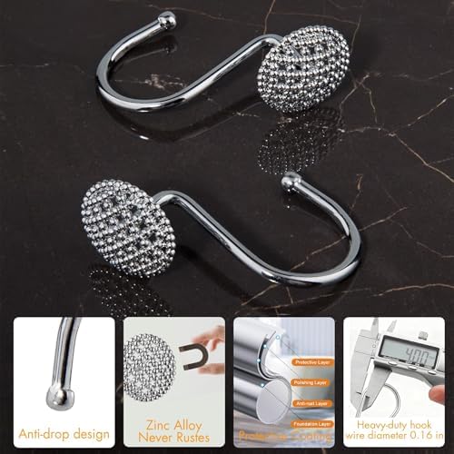 Pearlbee Chrome Shower Curtain Hooks, Round Beaded Design 12Pcs Zinc Alloy